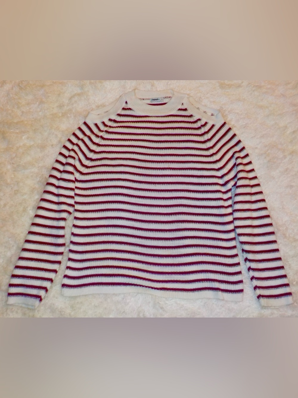 Noon White & Pink Striped Ribbed Off-the-shoulder Sweater